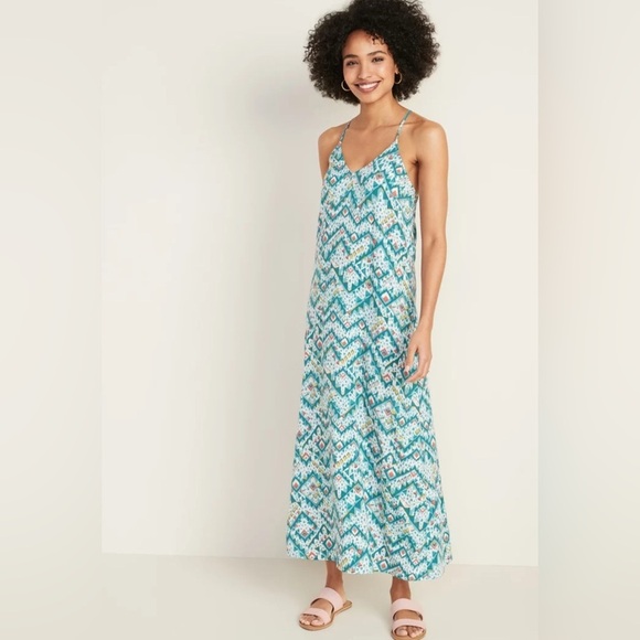 Old Navy Blue & Orange Geometric Print Criss Cross Spaghetti Strap Maxi Dress XS - Picture 1 of 7